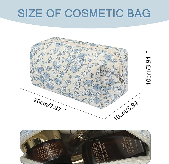 Gosect Floral Makeup Bag, Cute Cosmetic Bag for Women Girls, Quilted Cotton Make up Pouch, Travel Makeup Bags, Portable Storage Toiletry Organizer Bag(Blue Floral)