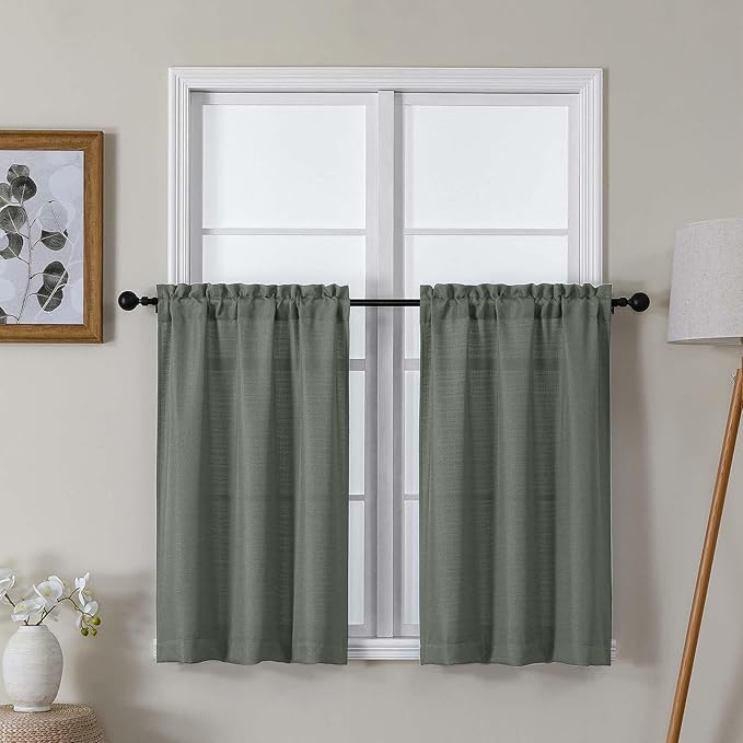 Lecloud Bessie Olive Green Kitchen Curtains 36 Inch Length 2 Panels Set, Faux Linen Textured Light-Filtering Short Curtains for Small Windows Basement Dining Room, Dual Rod Pocket, Each 30 W x 36 L