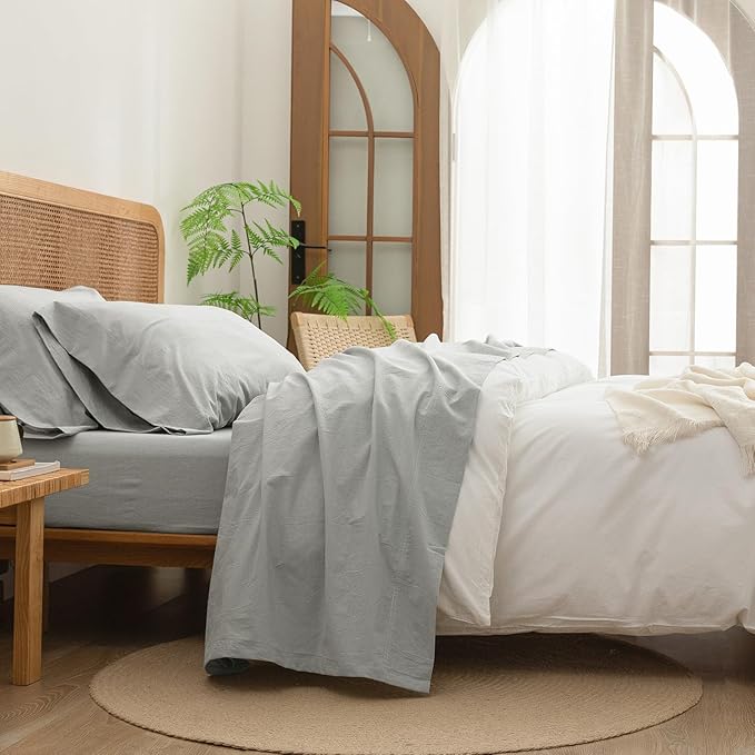 BESTOUCH Sheet Set 100% Washed Cotton Linen Feel Super Soft Comfortable Chic Lightweight 3 Pcs Home Bedding Set Solid Northern Droplet Grey Twin