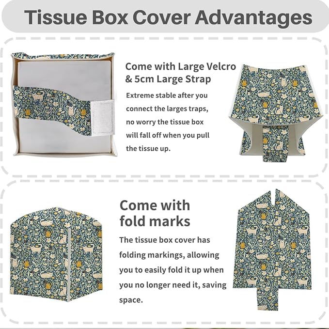 Tissue Box Cover, Tissue Box Holder, Square with Belt Bottom, PU Leather Decorative Organizer for Desk, Tabletop, Countertop Bathroom, Toilet Car, Office, Dresser Bedside, Cute Cat Flower Decor