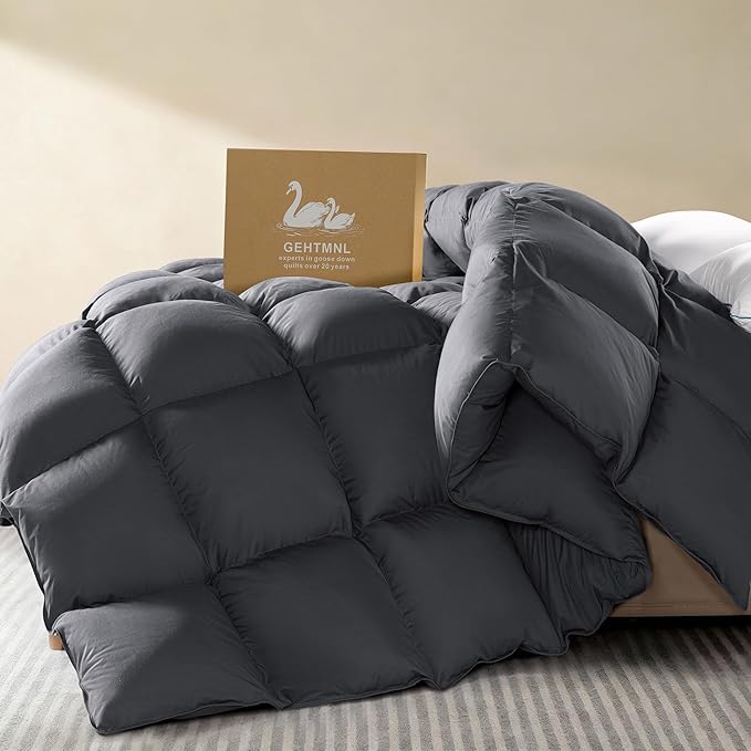 Goose Down Fiber Comforter Oversized Queen Size – All Season Naturally Breathable Down Comforters, Luxury Hotel Collection Duvet Insert 8 Corner Tabs, Cotton Fabric Baffle Box Dark Gray 65oz