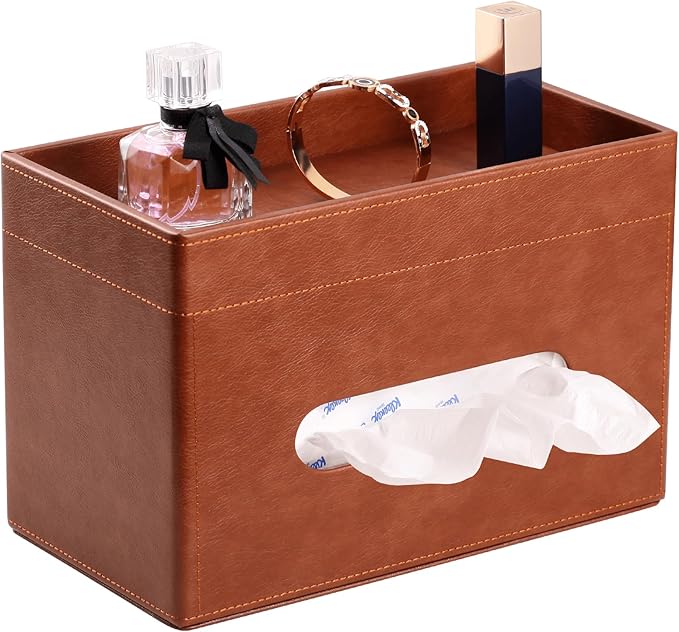 LAMOTI Rectangular Tissue Box Cover with Storage Tray, Leather Facial Tissue Box Holder for Bathroom, Office Table, Countertop, Night Stand & More (Brown)