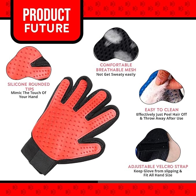 HappiTails Pet Grooming Gloves – 1 Pair – Deshedding & Bath Massage Mitts for Dogs & Cats – Choose from 5 Colors – Adjustable, Reusable & Easy to Clean (Red)