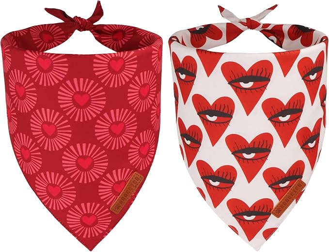 ADOGGYGO Valentines Dog Bandana 2 Pack, Heart Sunburst Eyelash Print Puppy Scarf, Durable Fabric, Red Pink Valentine Bandanas for Small Dogs (Small)