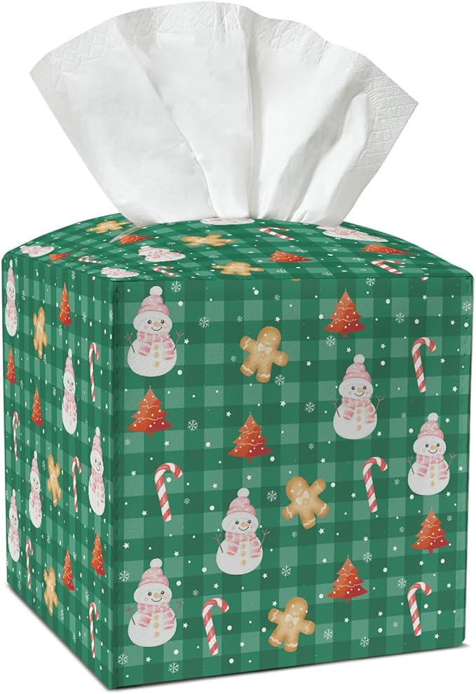Christmas Gingerbread Tissue Box Cover, Snowman Leather Tissue Holders Decorative for Home Office Kitchen Bathroom Organizer, Square Facial Paper Organizer Christmas Table Decor -036