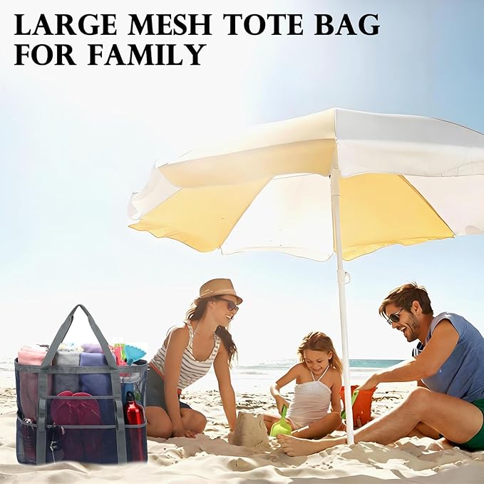 Fammart Mesh Beach Bag, Large Beach Tote with Zipper Pocket for Family Pool Bag for Toys & Vacation Essentials