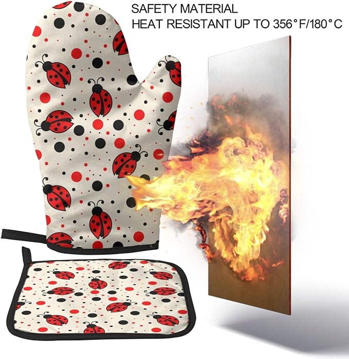 Ladybugs Oven Mitts and Pot Holders Insulated Gloves & Kitchen Counter Safe Mats for Cooking BBQ Baking Grilling (2-Piece Set)