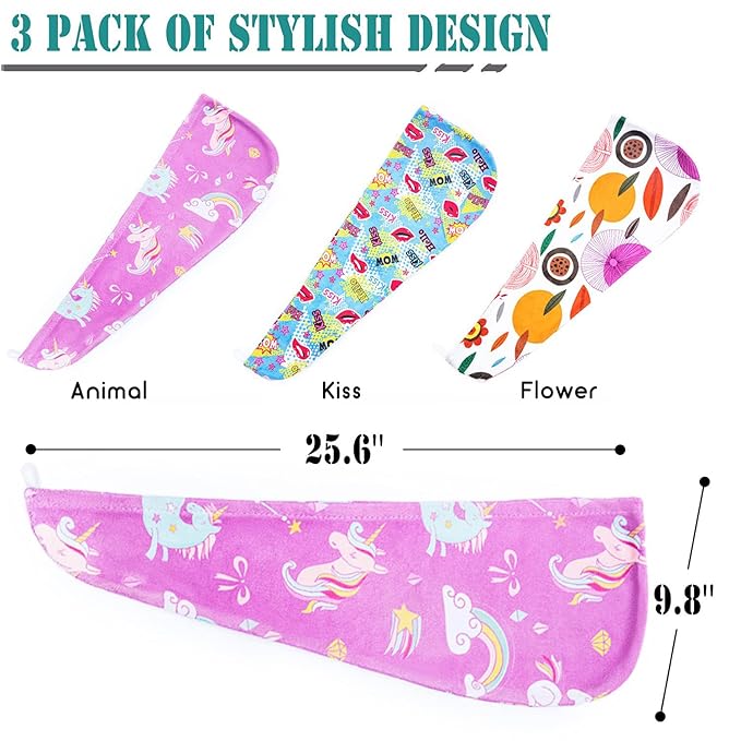 ELLEWIN Microfiber Hair Drying Towels for Kids, 3 Pack Wet Hair Towel Wrap Turban for Girls Children Women, Quick Dry Twisty Hair Towels Wrap for Curly Long Thick Hair Anti Frizz
