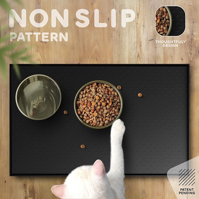 PetHappily Dog Food Mat - 24x15” Large Silicone Pet Food Mat, Raised Edges for Food and Water Prevent Spill, Waterproof Cat Food Mat Protect Floors,Easy Clean Dog Bowl Mats for Food and Water