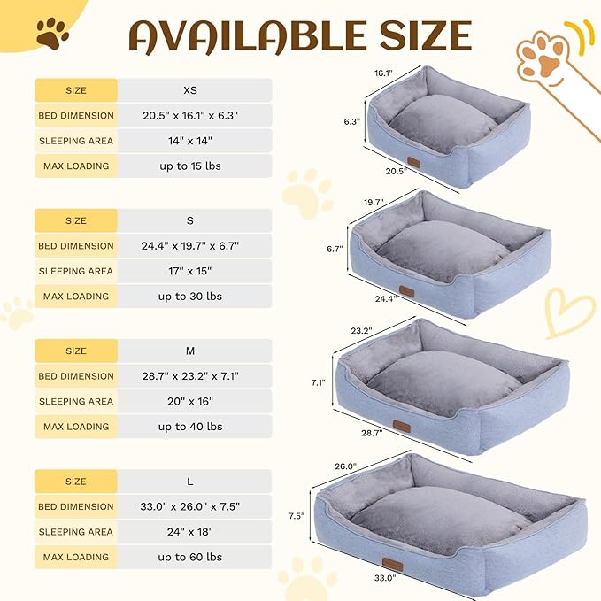 OUPEIWAWA Rectangle Dog Bed for Large Medium Small Dogs Washable Pet Bed with Bolster Sides Non-Slip Bottom Pet Sofa Waterproof Lining Durable Pet Cuddler, Sky Blue, 33x 26x 7.5