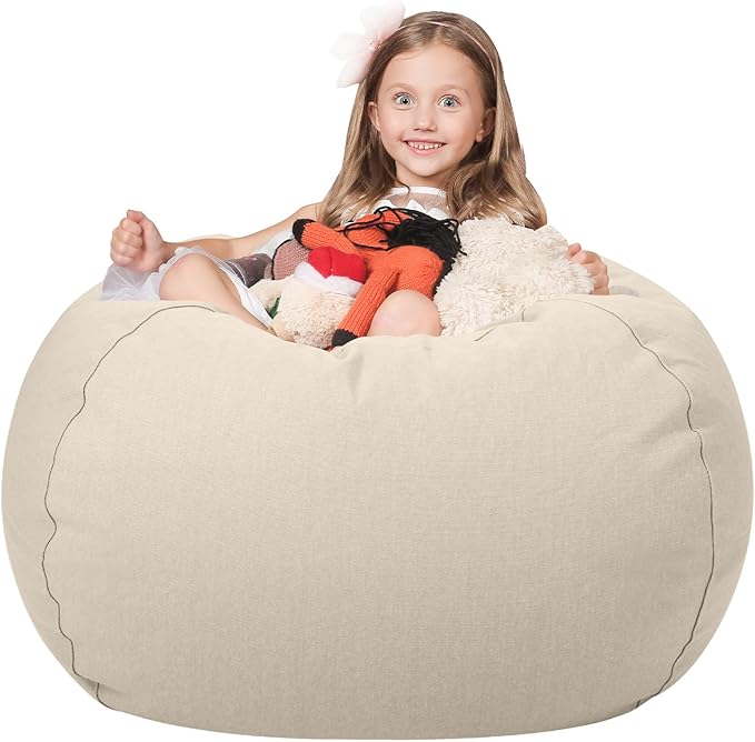 Wekapo Stuffed Animal Storage Bean Bag Chair Cover for Kids | Stuffable Zipper Beanbag for Organizing Children Plush Toys Large Premium Cotton Canvas (Almond Oil, XX-Large)