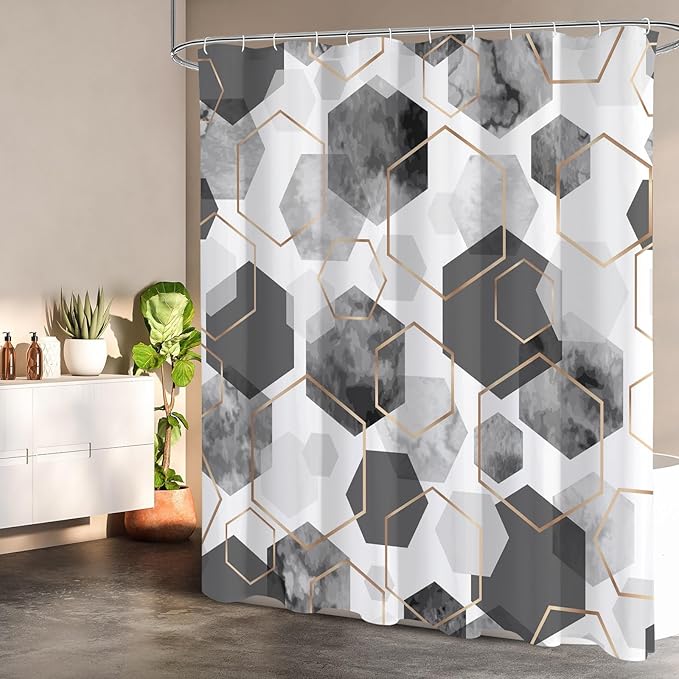 Litabel Modern Long Shower Curtain for Bathroom, Grey Geometric Art Decor Waterproof Bath Curtain, Abstract Fabric Shower Curtain Sets for Home Decor, 72x78 Inch
