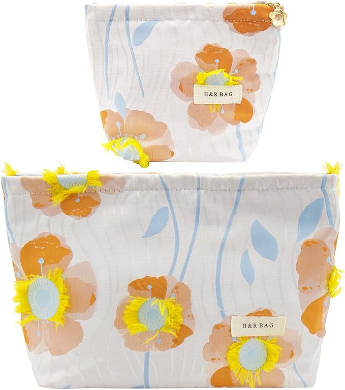 getgto 2 Pcs Makeup Bags, Large Cosmetic Bag Travel Toiletry Bag Organizer for Women, Embroidery Craft, Floral Makeup Bag Small Cosmetic Pouch Purse with Zipper Gifts for Girls Teen