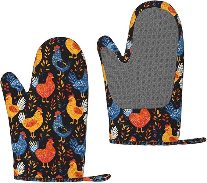 Heat Resistant Oven Mitts 2 Pack, 500°F Silicone Oven Gloves with Non-Slip Grip, Soft Quilted Cotton Lining for Baking, Grilling, BBQ, Cooking (Rooster)