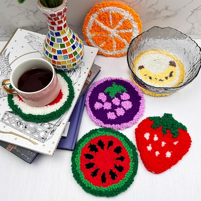 Punch Needle Coaster Kit for Adults Beginners, Easy Punch Embroidery Starter Set with Instructions – Fun Mug Rug Making Kit for Table Decor & Festival DIY Gifts (6pcs Cute Fruits)