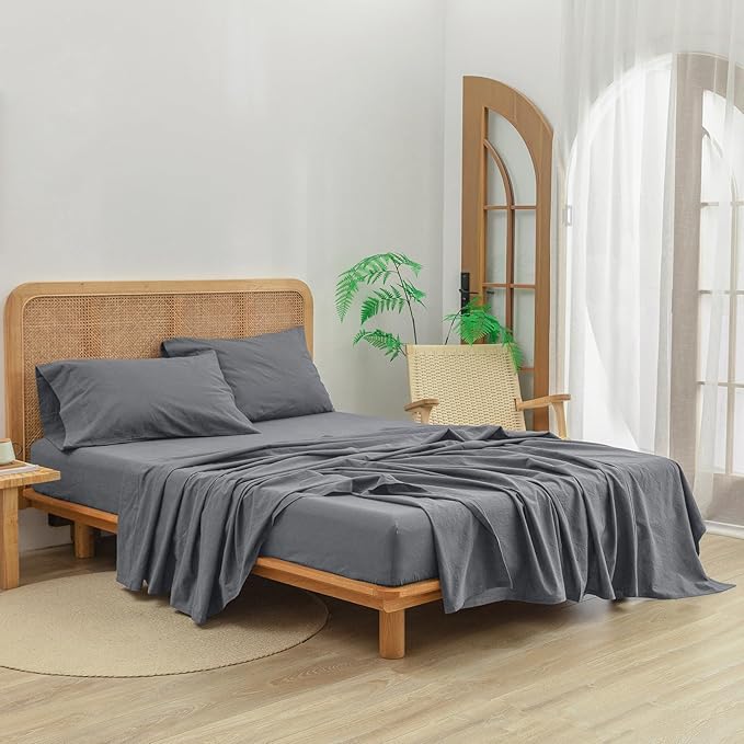 BESTOUCH Sheet Set 100% Washed Cotton Linen Feel Super Soft Comfortable Chic Lightweight 3 Pcs Home Bedding Set Solid Quiet Shade Grey Twin
