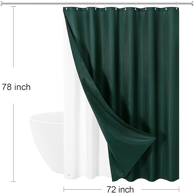 Craidlela 3 in 1 Long Dark Green Shower Curtain Set-72 W x 78 H, Modern Waffle and PEVA Liner Set with 12 Stainless Steel Hooks, Waterproof Fabric for Bathroom