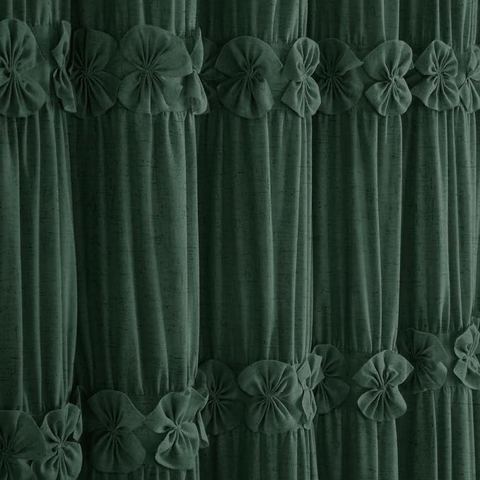 XOGUIBO Ruffle Shower Curtain with Handmade Bow Tie, Dark Green Linen Vintage Farmhouse Shower Curtain for Bathroom, 72" W x 72" H