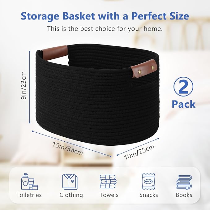 ECDYQXVU Cotton Rope Basket, Storage Baskets with Handle, 15x10x9 Inch Woven Basket for Shelves, Laundry, Towels, Clothes, Books (Black 2Pack)