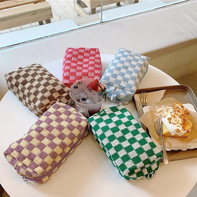 SxoSyo 2 Pcs Cosmetic Bags for Women Checkered Makeup Bag Purse Travel Toiletry Zipper Storage Pouch Make up Brushes Organizer for Gifts (Checkered, Pink & Blue)
