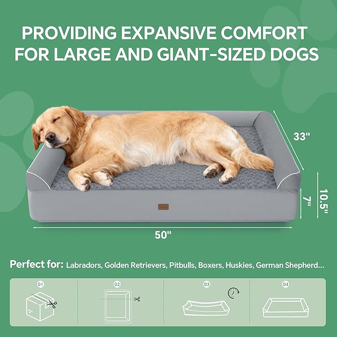 HOMBYS 7” Thickness Orthopedic Dog Bed for Large Giant Dogs, Double-Layer Memory Foam Waterproof Washable XXXL Dog Sofa Bed with Bolster Headrest, Ultra-Supportive for Joint & Arthritis Relief