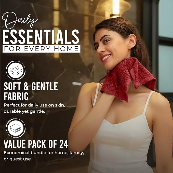 RIVERSIDE 24 Pack Washcloths Set - 100% Cotton [12x12 Inches] - 500 GSM, Soft, Quick-Dry & Highly Absorbent Face Towels - Perfect for Bathroom, Gym, Hotel, Spa & Travel - Red