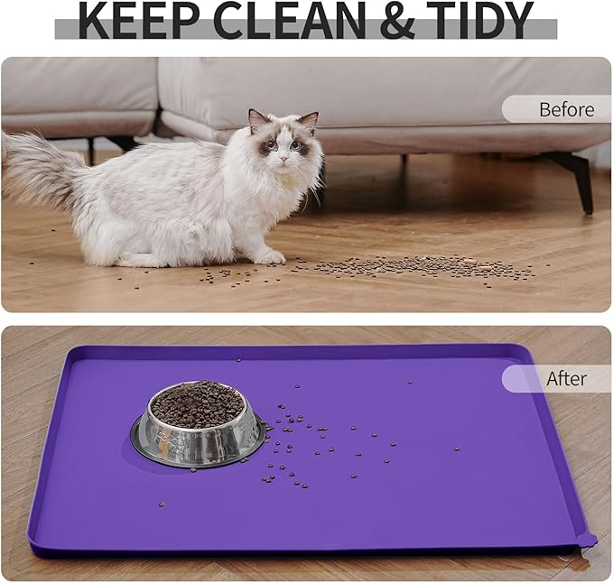 Reopet Waterproof Pet Feeding Mat with High Raised Edges, Heavier and Thicker Placemats for Cat Dog Water Bowl with BPA Free, Dogs Cats Food Mats for Messy Drinkers to Prevent Spill and Protect Floors