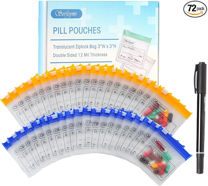 Serfeymi 72 Pcs Pill Pouch Bags for Travel Reusable Plastic Bags 3"x3" 12 mil (Double Sided) Translucent Zipper Pill Pouches for Medicine with Slide Lock & Writable Label, 1x Marker-Blue+Yellow
