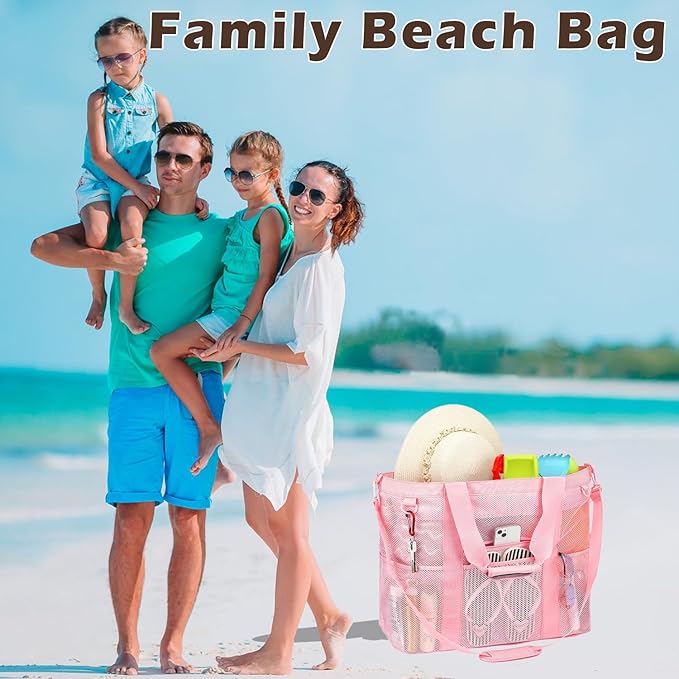 Fammart Mesh Beach Bag, Large Beach Tote with Zipper Pocket for Family Pool Bag for Toys & Vacation Essentials