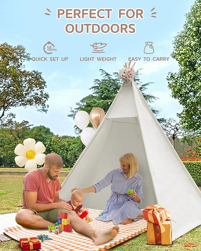86" H Larger Teepee Play Tent, Huge Foldable Teepee Indoor with Star Light, Large Tall Outdoor Canvas Teepee Tent for Adults, 5 Sides Wide Open Front Beach Teepee Without Door Flaps