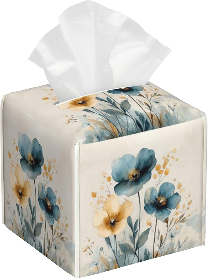 Watercolor Blue and Gold Poppy Tissue Box Cover,Abstact Flowers Plants Waterproof Leather Square Tissue Box Cover Case Facial Paper Organizer Dispenser Box Holder for Home Office Bathroom Vanity
