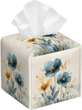 Watercolor Blue and Gold Poppy Tissue Box Cover,Abstact Flowers Plants Waterproof Leather Square Tissue Box Cover Case Facial Paper Organizer Dispenser Box Holder for Home Office Bathroom Vanity