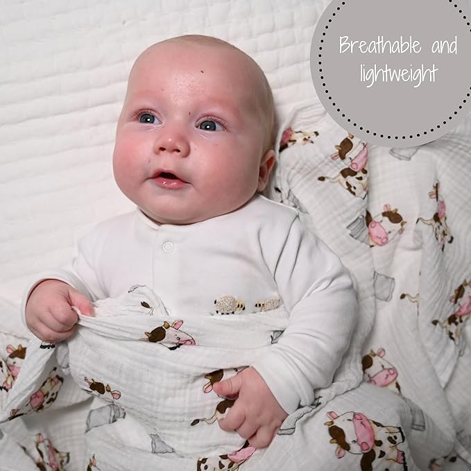 LollyBanks Baby Swaddle Blanket, 100% Muslin Cotton Muslin Blankets for Boys and Girls, Large 47 x 47 Inches Soft and Breathable Swaddles for Newborns, Gentle Baby Wrap Swaddle, Registry (Cow Print)