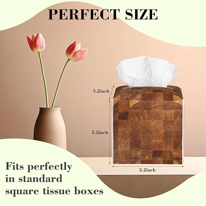 Natural Wood Board Honey Oak Tissue Box Cover Square Leather Tissue Holder Waterproof Facial Paper Organizer Dispenser Cube Paper Cover Case for Home Office Bathroom Vanity Countertop