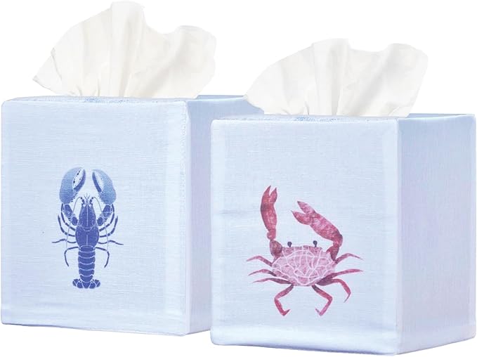EmbroideryLinen.VN Tissue Box Cover Set of 2, Square Linen Tissue Holder, Printed Animal Pattern, 4.5x4.5x5.5 Inches, Decorative Holder for Bathroom, Living Room, Office (Lobster & Crab)