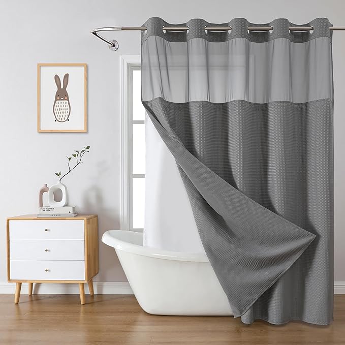 eachope Grey No Hook Waffle Weave Shower Curtain with snap-in Liner Replacement, 230GSM Waterproof Fabric Hotel Shower Curtain Set for Bathroom, Through Mesh Top Window,71Wx92H