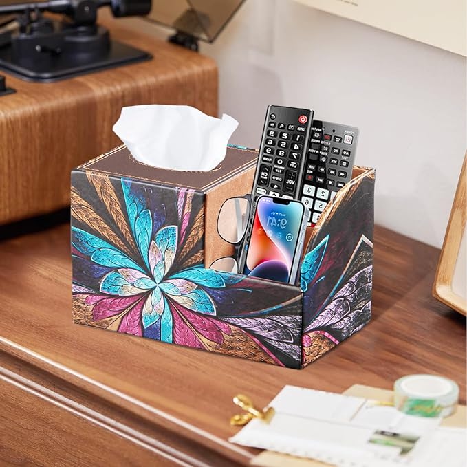 PU Leather Square Tissue Box Cover - Multi-Functional Tissue Box Holder, Tissue Box Cover with Storage,Tissue and Remote Control Holder, Cube Tissue Box Organizer Bedroom Nightstand End Table