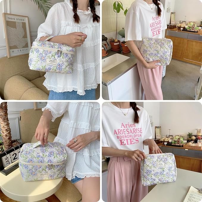 Fcteap Makeup Bag Travel Essentials Quilted Cosmetic Toiletry Pouch Organizer Insert for Women Dorm Room Essential Gift Large Capacity Opening Lightweight Cute Aesthetic Portable 2PCS (Flower)