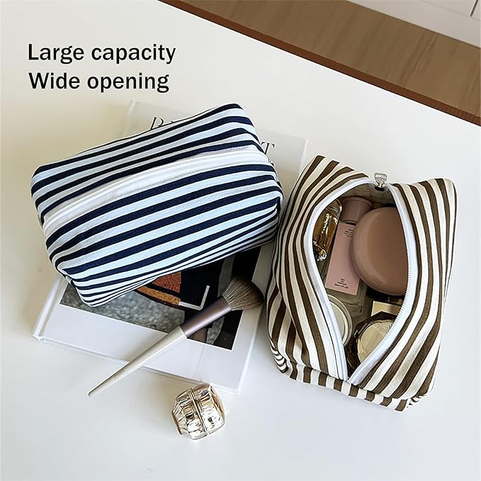 STARDW Striped Cotton Makeup Bag, Cute Cosmetic Pouch with Canvas Lining & Zipper, Travel Toiletry Bag