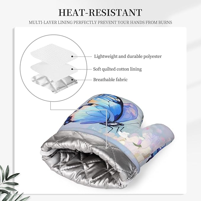 Oven Mitts Pot Holders Set Butterfly Flower Oil Painting Silicone Kitchen Gloves Potholders Heat Resistant for Chef Baking Cooking Grilling BBQ 4 Pack Mitt
