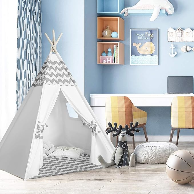 Kids Teepee Tent for Boys Childrens Teepee Play Tent with Carry Case & Floor Mat, Portable Toddler Tipi Tent for Baby Indoor Outdoor Playhouse Grey Chevron Teepee