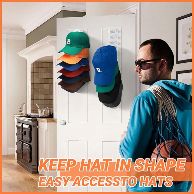 Baseball Cap Organizer Rack-2Pack,Wall Hat Hooks with Strong Adhesive Holds up to 16Hats,Over-the-Door Closet Hat Hanger Display Stand,MultiLayer Cap Organizer Storage with 2Mounting Options(White)