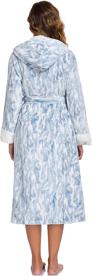 RONGTAI Womens Plush Fleece Hooded Bathrobe, Thick Nightgown Long Robe Sleepwear with Two Side Pockets and Belt