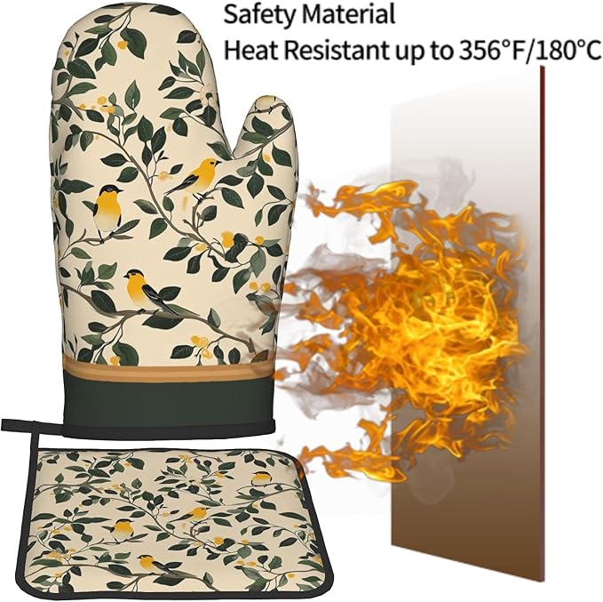 Bird Branch Oven Mitt and Pot Holder Sets 2Pcs Dark Green Yellow Vintage Heat Resistant Washable BBQ Cooking Gloves Hot Pans Mat for Kitchen Baking Grilling Decorative