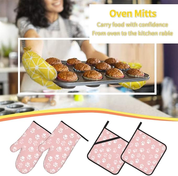 Oven Mitts and Pot Holders Sets of 4 Pastel Pink Dog Paw Pattern Kitchen Potholder Gloves Heat Resistant Non-Slip for Chef Baking Cooking Grilling BBQ Mittens