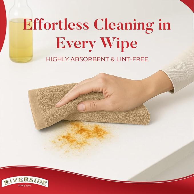 RIVERSIDE Bar Mop Towels Pack of 12, 16x19 Inches, 100% Ring Spun Cotton Terry Cloth Kitchen Towel, Highly Absorbent & Reusable Multipurpose Cleaning Rags for Bathroom, Hotel, Restaurant, Tan