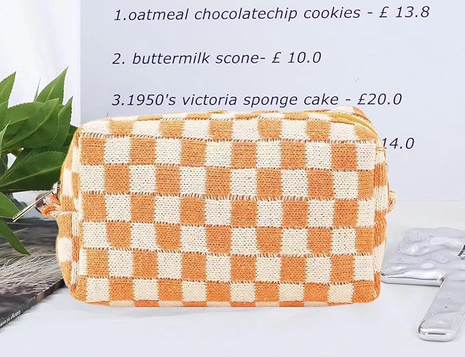 SxoSyo 2 Pcs Cosmetic Bags for Women Makeup Bag Purse Travel Toiletry Zipper Storage Pouch Make up Brushes Organizer for Gifts (Checkered, Orange 2)