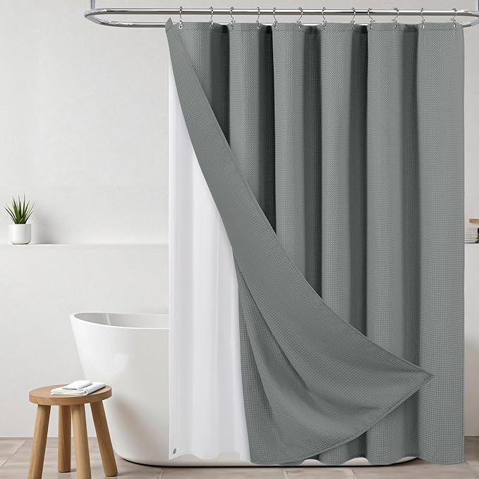 ROLIZOE 3-in-1 Waffle Texture Shower Curtain Set with TPU-Coated Waterproof Liner and 12 Upgraded Double-Sided Hooks, Well-Matched Sizes for a Seamless Fit – Gray, 72" x 78"