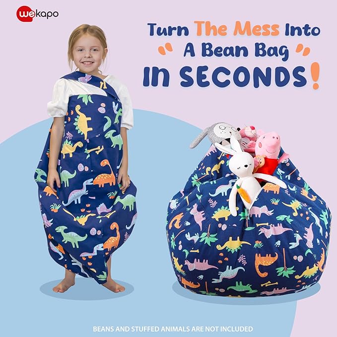 WEKAPO Stuffed Animal Storage Bean Bag Chair Cover for Kids | Stuffable Zipper Beanbag for Organizing Children Plush Toys Large Premium Cotton Canvas (Dinosaur, XX-Large)