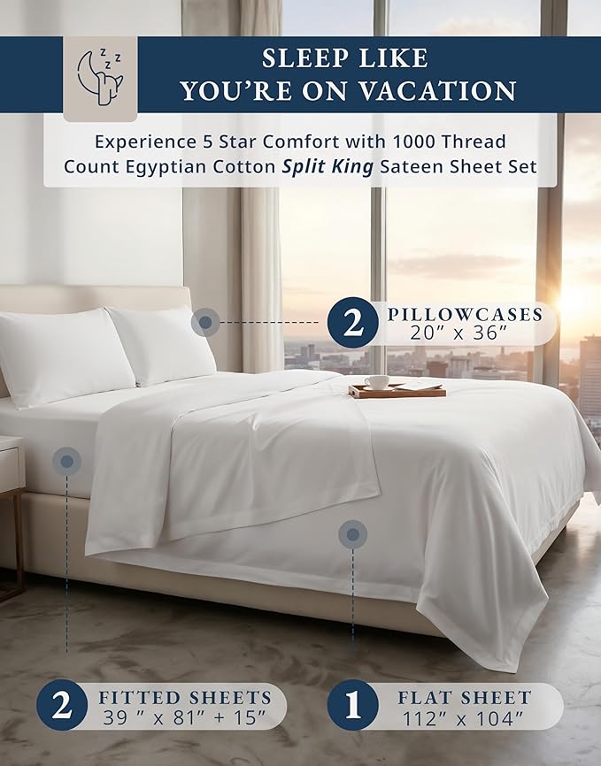 LANE LINEN 100% Egyptian Cotton Split King Bed Sheets for Adjustable Beds Soft & Comfy Luxury Hotel Style Thick Split King Sheet Set - 1000 Thread Count, Fully Elasticized Reinforsed Seams - White